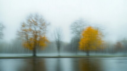 Rainy day view of blurred trees by a lake seen through a car window creating a serene and abstract nature landscape.