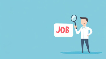 Cartoon illustration of man holding magnifying glass over word JOB in bright blue theme, minimalist style, conveying professional quality with ample copy space