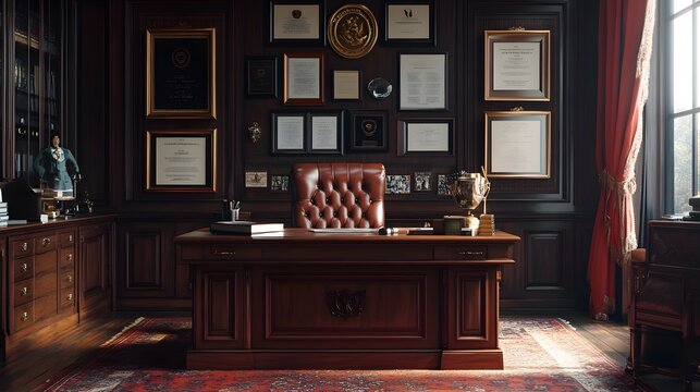 A professor's office exudes scholarly prestige, with a dark wood desk, executive leather chair, and a wall of framed diplomas, bathed in warm sunlight in a cinematic, academic setting.
