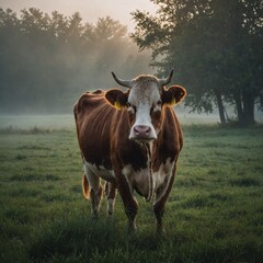 A cow in a foggy morning field with dew-covered grass and mysterious, soft light.