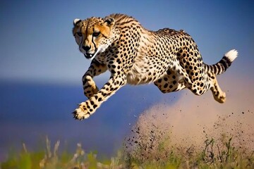 Obraz premium A striking image of a cheetah running at full speed across the open grasslands