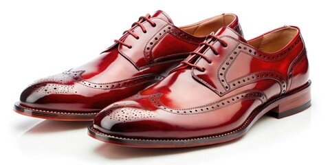 Fototapeta premium Luxury men's red leather dress shoes: polished vintage oxfords, classic lace-up design, retro style.