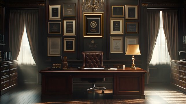 A professor's office exudes scholarly prestige, with a dark wood desk, executive leather chair, and a wall of framed diplomas, bathed in warm sunlight in a cinematic, academic setting.
