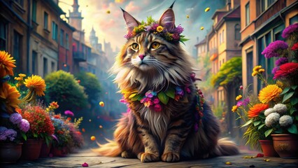 Maine Coon amidst urban sprawl; illustrative photography blends nature, city, and cat.