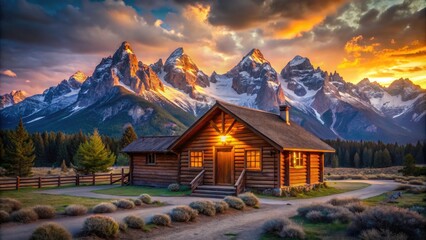 Majestic peaks frame a rustic wooden lodge bathed in golden sunset hues, a captivating night scene.