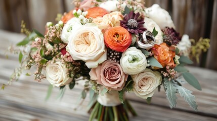 Elegant wedding bouquet featuring vibrant blooms and wedding rings on a rustic wooden background ideal for romantic and wedding-themed designs.