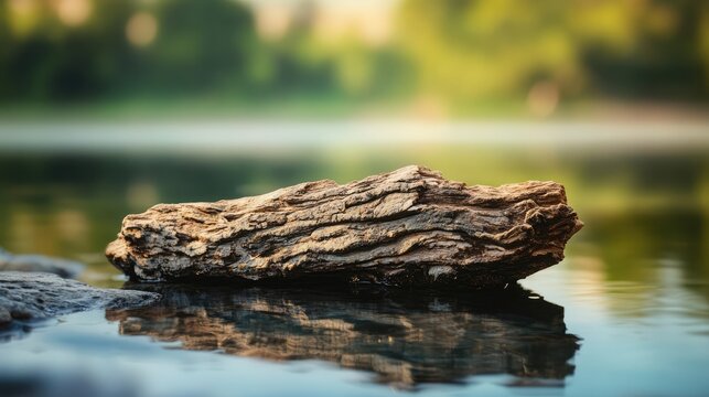 Small piece of wood bark resting on calm water surface reflecting nature's beauty in serene outdoor setting