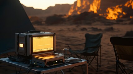 Naklejka premium Portable Data Recording Station in Desert Setting