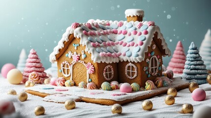 Colorful Gingerbread House Surrounded by Sweet Treats and Festive Decorations on a Soft Winter Background, Perfect for Holiday Celebrations and Seasonal Imagery