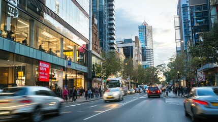A busy urban street with tall buildings, people walking, and cars driving, showcasing the hustle and bustle of city life.