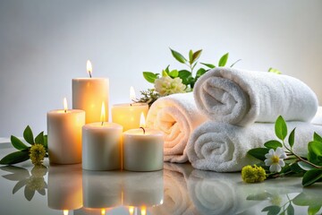 Relaxing wellness photography: soft towel, candlelight glow, pristine white.