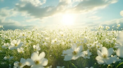 Serene White Cosmos Flower Field Bathed in Soft Sunlight Against a Bright Sky in a Tranquil Garden Setting