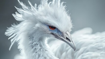 Elegant white emu portrait showcasing intricate feather details and striking features against a soft blurred background