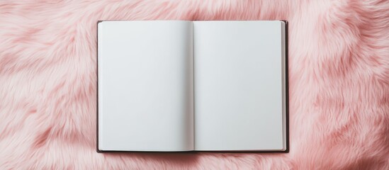 Blank notebook mockup on soft pink fur ideal for showcasing creative design ideas and custom stationery concepts