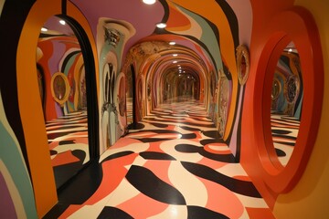 Abstract hallway, curving walls, colorful floor, mirrored reflections.