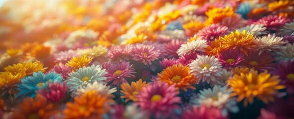 Vibrant colorful flower field in sunlight.