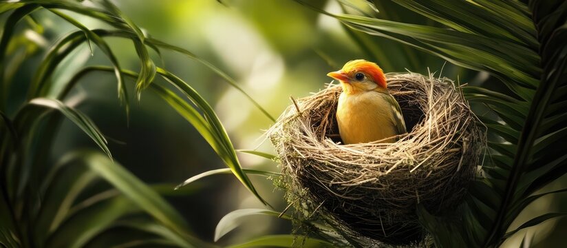Baya weaver bird skillfully constructing a nest amidst vibrant palm fronds emphasizing nature's intricate artistry