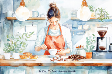 Be Kind To Food Servers Month watercolor illustration of a smiling barista preparing coffee in a cozy café setting.