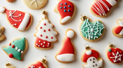 Obraz premium A festive variety of cookies in shapes like Santa hats, ornaments, and bells, adorned with colorful icing, on a white background
