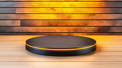matte black pedestal with warm orange lighting against wooden backdrop creates striking visual display