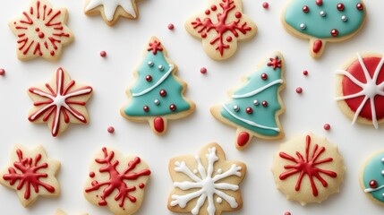 Fototapeta premium A holiday-themed collection of cookies with bright sugar icing, including Christmas trees, snowflakes, and stars, on a white background