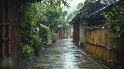 Scenic rain-soaked alley in a traditional hot spring village with bamboo walls and lush greenery lining the path