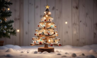 Snow covered wooden Christmas tree with ornaments and lights,  decoration,  holiday