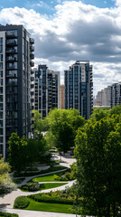 Modern residential buildings surrounded by greenery and pathways under a cloudy sky.