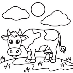 Outline cow image on grass design for children to color