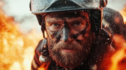 A courageous firefighter, face smeared with ash, confronts a fierce inferno, embodying valor and strength in the face of terrifying natural elements.