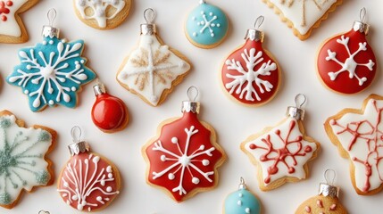 Obraz premium A vibrant collection of holiday cookies with intricate sugar details in festive shapes like snowflakes and ornaments, on white
