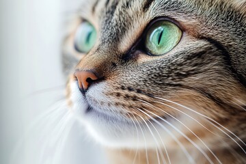 Close-up of cat with striking green eyes and detailed fur texture