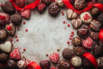 A vibrant composition of Valentine's Day chocolates surrounded by red ribbons and tiny gold sprinkles, all displayed on a clean white background. 