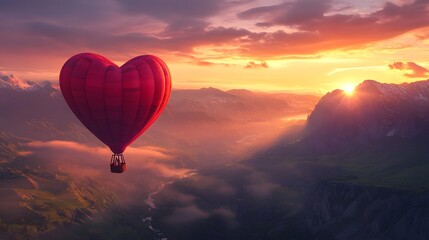 Fototapeta premium Romantic Hot Air Balloon Soaring Over Majestic Mountains at Sunrise with Vibrant Colors and Cloudy Sky for Dreamy Adventure and Travel Inspiration