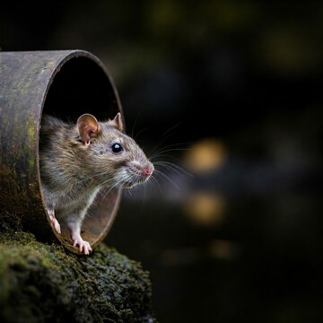 Eine Ratte schaut aus einem Abwasserrohr heraus