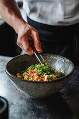 Culinary preparation of fresh noodles restaurant kitchen food photography modern atmosphere close-up view culinary artistry