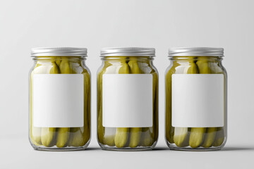 Pickled Cucumber Jar Mock-Up - Three Jars. Blank Label. 