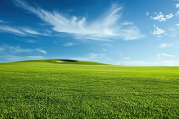 Naklejka premium Open golf field with neatly trimmed grass and bright blue sky in summer