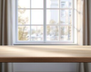 Fototapeta premium Empty wooden table against bright window with city view.