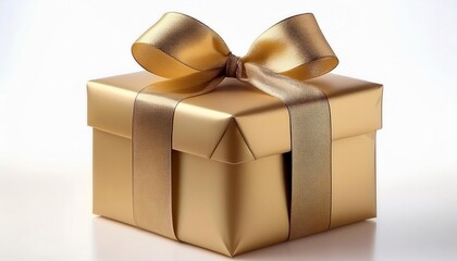 Fototapeta premium Luxurious gold gift box with elegant satin ribbon bow on white background, perfect for holidays, celebrations, weddings, anniversaries, birthdays, luxury branding, festive events, and gift concepts