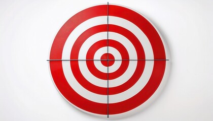 Red and white concentric circle target pattern on a flat white wall, symbolizing precision, accuracy, goals, focus, competition, success, and achievement, perfect for business, sports, or marketing 