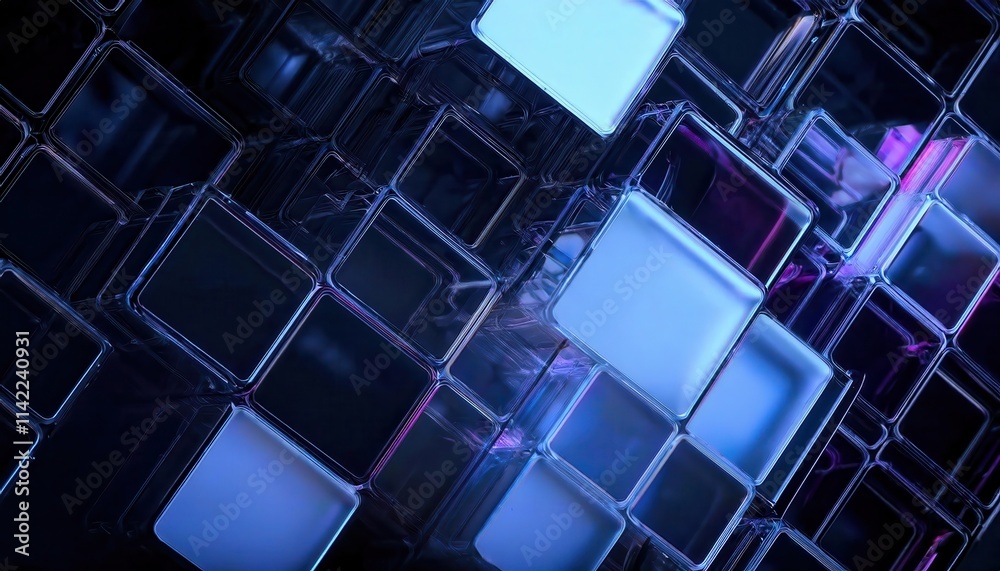 Poster futuristic blue glass cubes in abstract 3d grid design with reflections and light illumination. conc