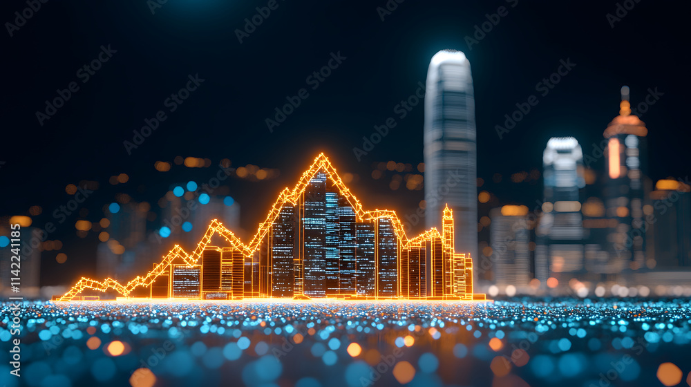 Poster A vibrant city skyline is illuminated with glowing graphs and data visualizations, depicting financial trends against a night backdrop