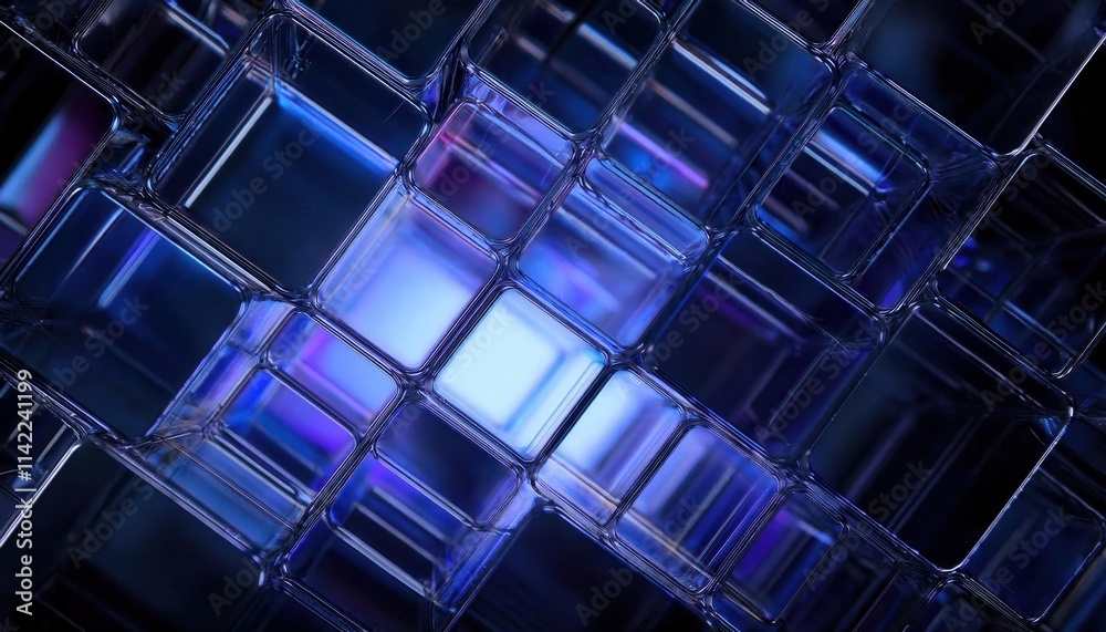 Poster Futuristic Blue Glass Cubes in Abstract 3D Grid Design with Reflections and Light Illumination. Concept for Modern Tech Background, AI Systems, Digital Architecture, or High-Tech Innovation Graphics