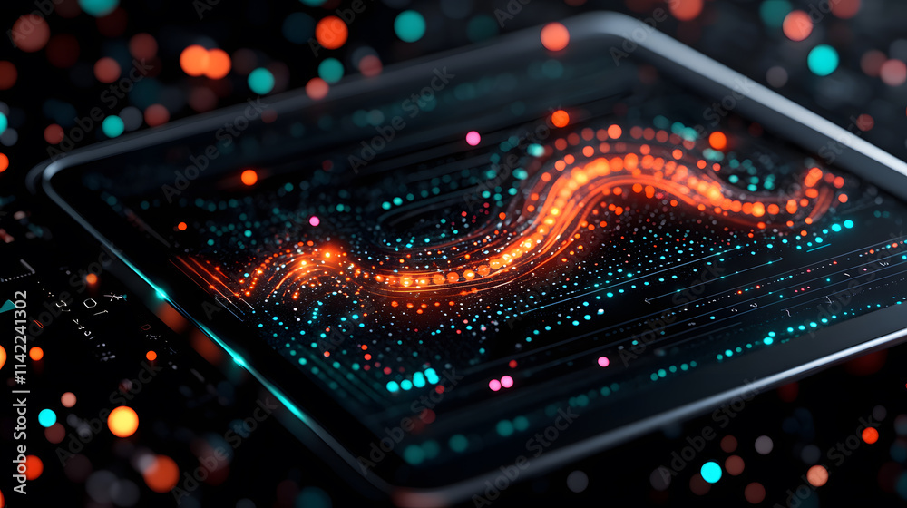 Poster a glowing wave of colorful particles is displayed on a tablet screen against a dark, shimmering back