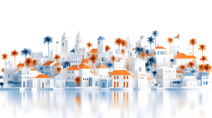 A serene, stylized illustration of a coastal town with white buildings, orange rooftops, and palm trees, reflecting on calm waters
