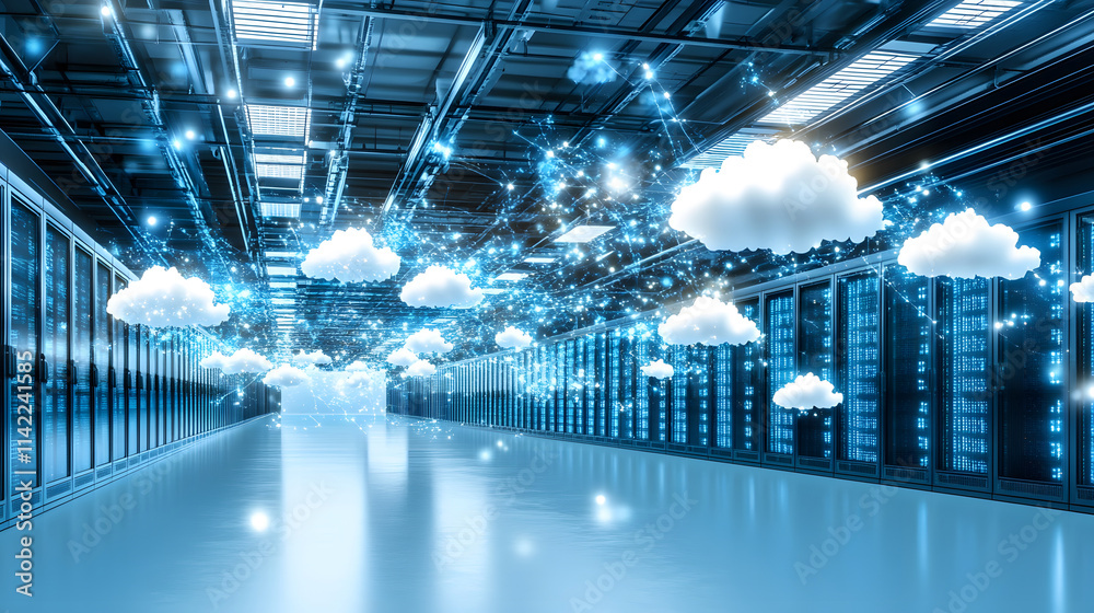 Poster A futuristic data center featuring rows of servers and digital clouds, symbolizing cloud computing and advanced technology