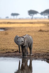 Fototapeta premium Baby elephant by water in savanna, trees back, wildlife scene
