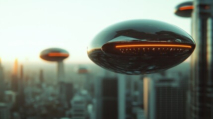 A close-up of sleek oval pods hovering among urban skyscrapers as the sun sets, illustrating an advanced and modern city life, with hints of mystery and innovation.