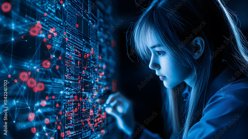 Poster A focused young woman interacts with a digital interface filled with glowing data patterns, symbolizing technology and innovation